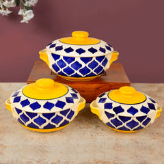 Hand Painted Large Ceramic Serving Donga Set With Lid & Handle Set Of 3 - Blue & Yellow, 1200ml, 1000ml & 800ml | Casserole Set - Dinner Serving Bowls With Lid