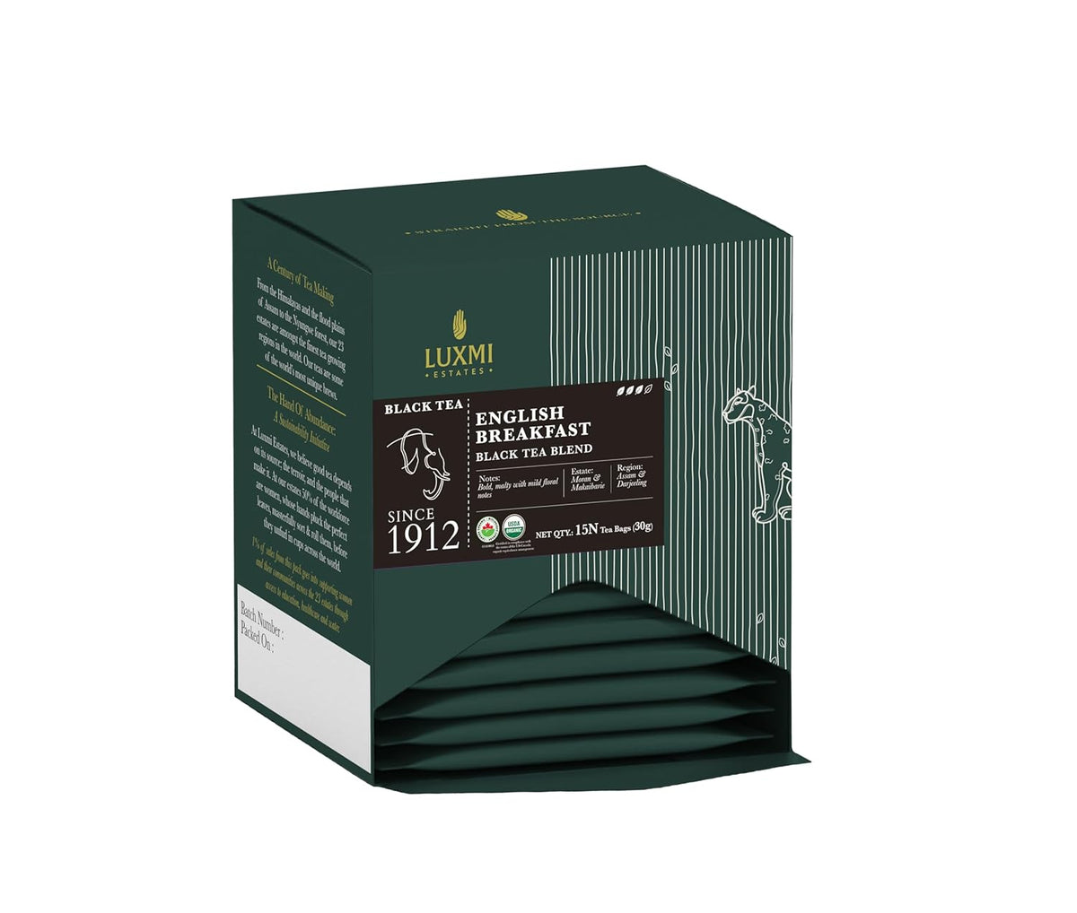 Luxmi Estates English Breakfast Black Tea Blend - 30gm, 1.05 Ounce, 15 Tea Bags | USDA Organic Certified Tea - Darjeeling & Assam Tea | Smooth, Flavorful, Robust, Caffeinated Black Tea