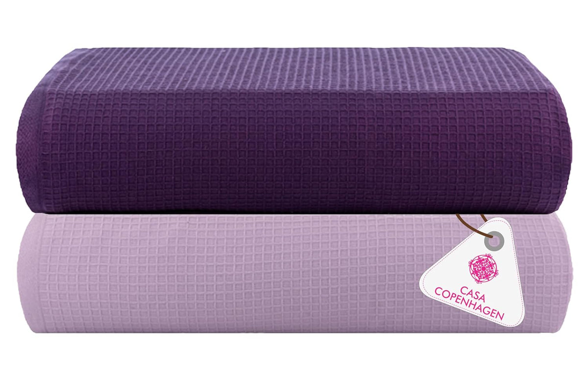 Casa Copenhagen Designed In Denmark Waffle Super Soft 2 Pieces 100% Cotton Large Bath Towel 525 Gsm - Dark Purple & Purple Rose