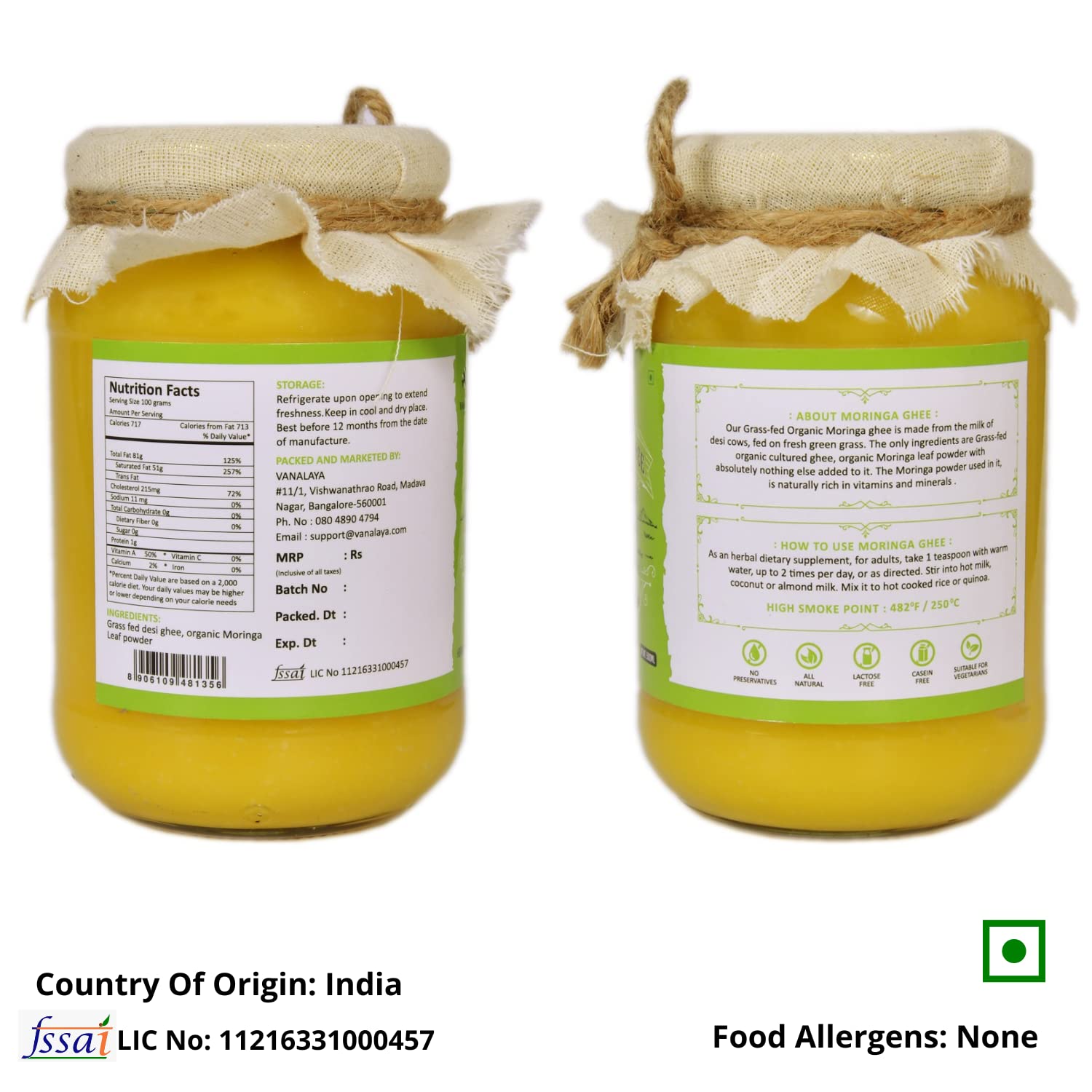 100% Pure Moringa Infused Desi Cow Ghee By Vanalaya | Rich Source Of Vitamin A & Healthy Delicious Pure Desi Ghee For Boost Immunity | (500ml) 16.9 Ounce | Jar Pack