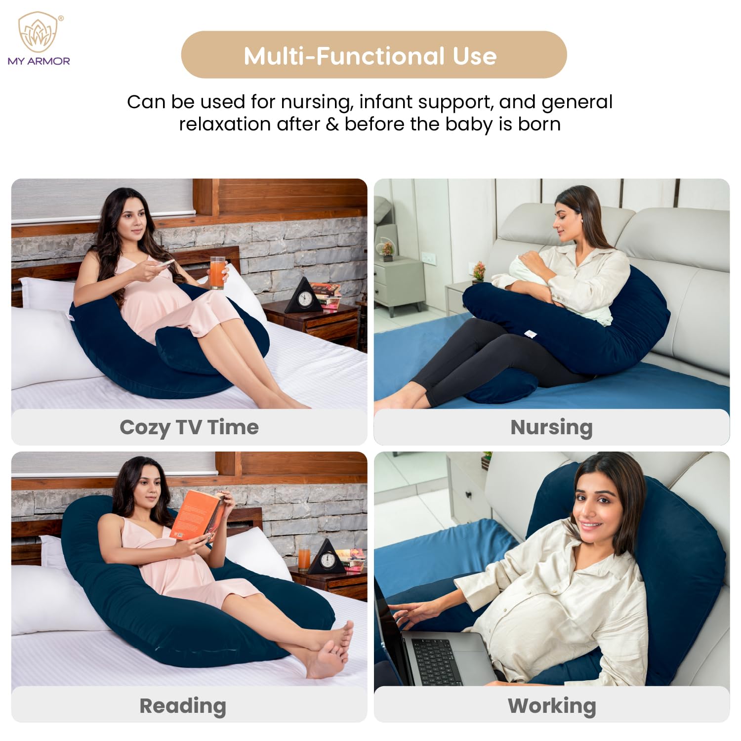 Full Body U Shape Pregnancy Pillow For Women, Maternity Pillow, Navy Blue | Pillow Gift For Pregnancy Sleeping, Premium Velvet Cover With Zip | Adjustable & Washable, Relieves Pain