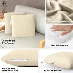 Memory Foam Square Cushion Pillow, For Car, Sofa & Diwan, Bed, Chair, Cream - 14 X 14 X 4 Inch | Highly Durable, Hypoallergenic, Adjustable, Velvet Cover, Multipurpose Use - Pack Of 2