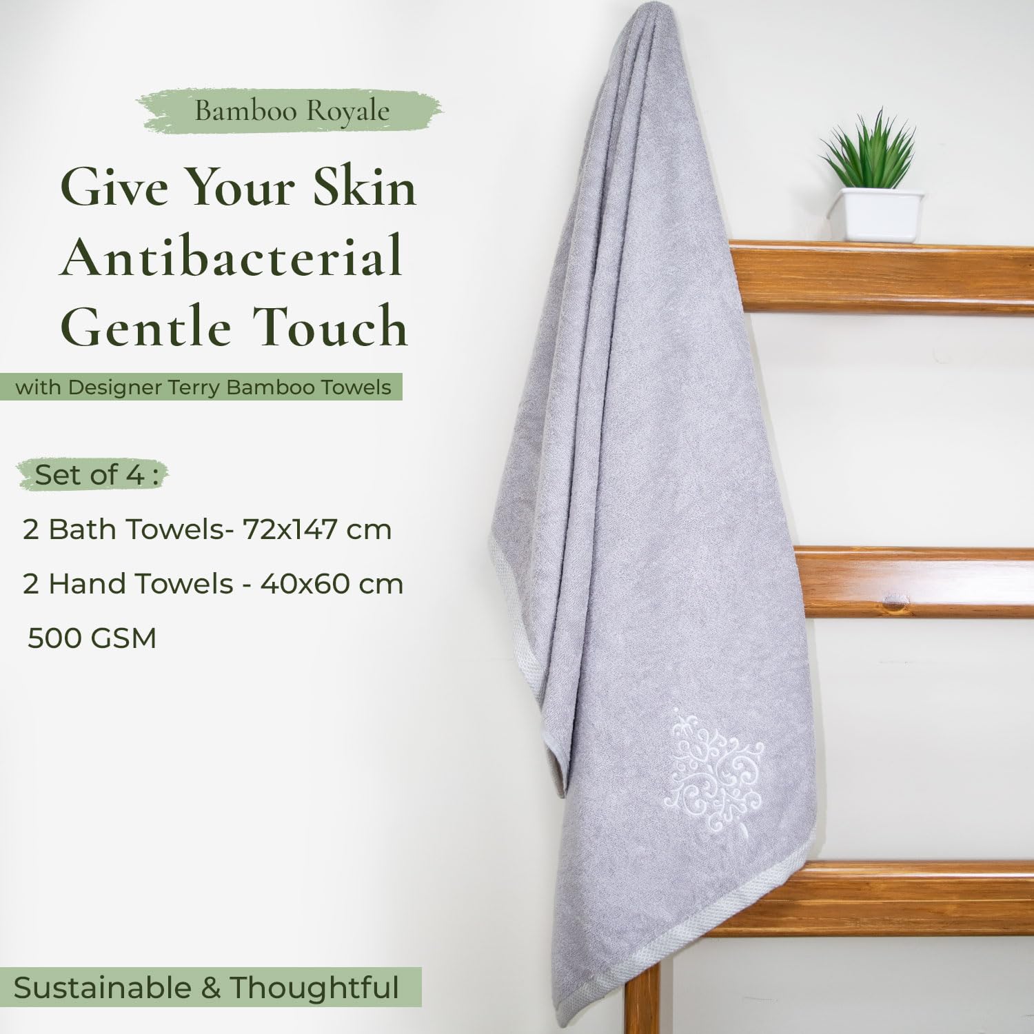 Rangoli 100% Bamboo 2 Bath & 2 Hand Towels 850 Gsm | Large Size Ultra Soft, Quick-Absorbent & Eco-Friendly Towels - Grey