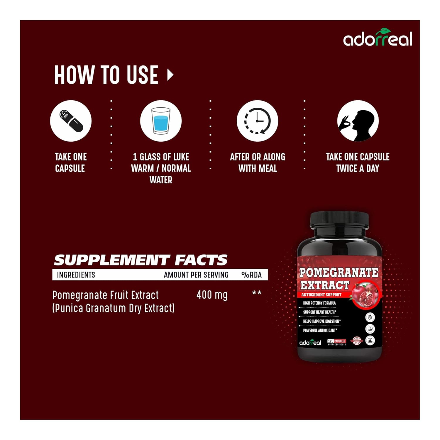 Adorreal Pomegranate Fruit Extract, Rich In Antioxidants For Healthy Body, Helps To Fight Against Harmful Free Radicals | 120 Capsules 150gm 0.3lbs