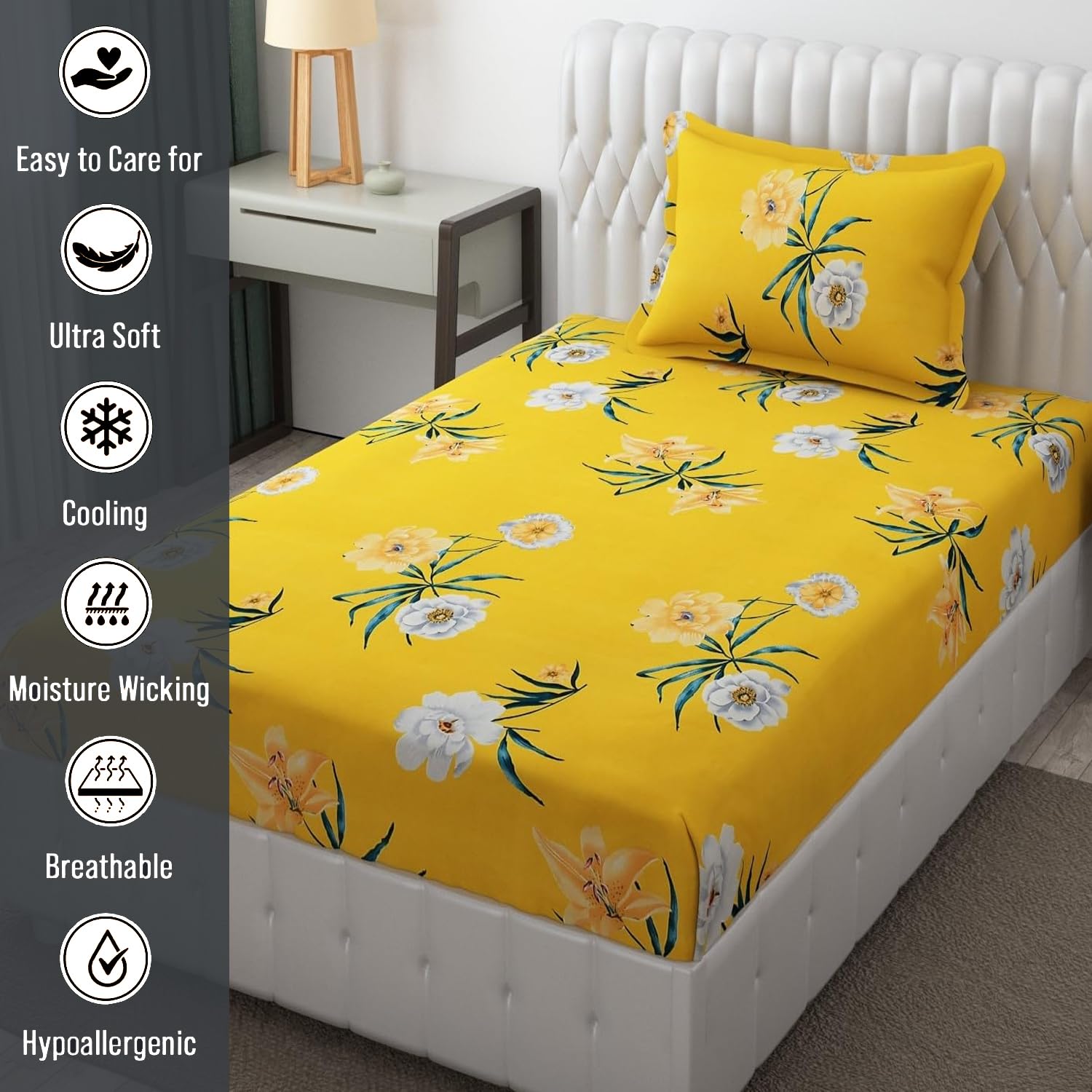 Microfiber Single Bedsheet Set With 1 Pillow Covers (60 X 90 Inches) Yellow | Durable & Long-Lasting | 144 Thread Count | Wrinkle Free