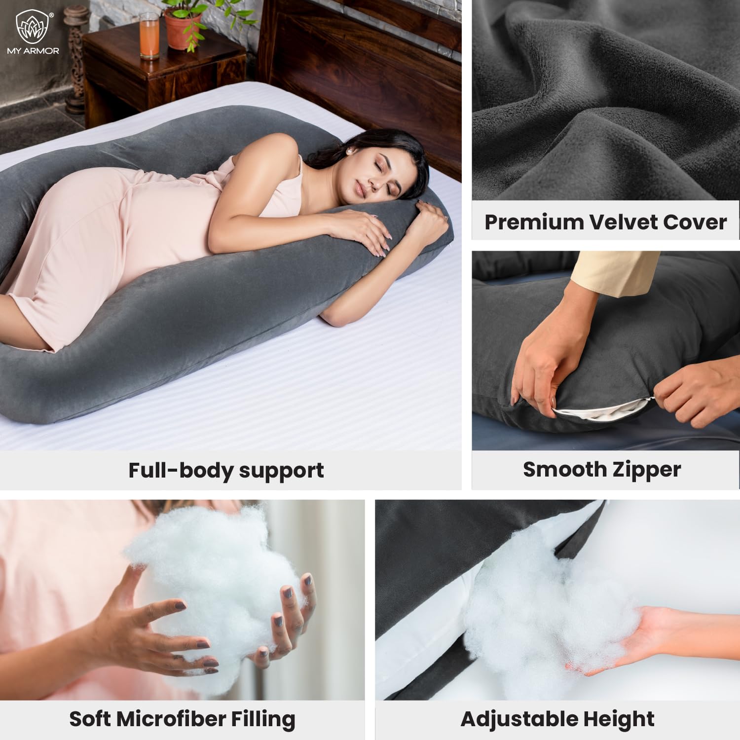 Full Body U Shape Pregnancy Pillow For Women, Maternity Pillow, Dark Grey | Pillow Gift For Pregnancy Sleeping, Premium Velvet Cover With Zip | Adjustable & Washable, Relieves Pain