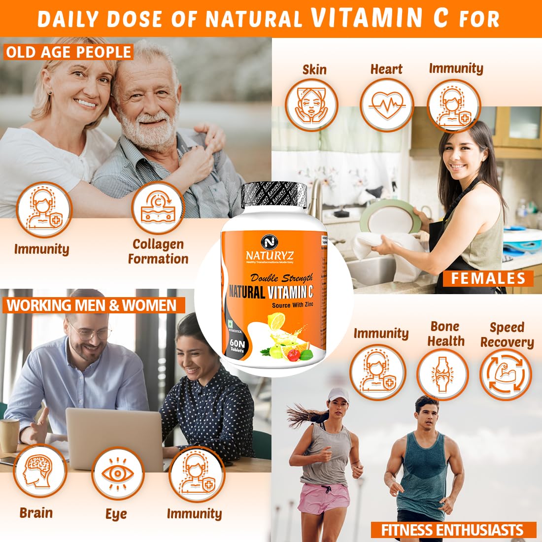 Naturyz Double Strength Natural Vitamin C & Zinc Supplement 1250 Mg With Amla, Acerola Cherry, Citrus Bioflavonoids For Immunity Support & Skincare | 60 Tablets , 100gm 0.2lbs