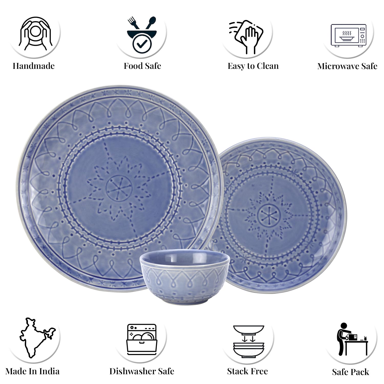 Handcrafted Stoneware Embossed Ceramic Dinner Set Of 6 Pcs - Mist Blue | 2 Dinner Plates+ 2 Small Plates+ 2 Small Bowls, 180ml Each - Microwave & Dishwasher Safe | Serving For 2