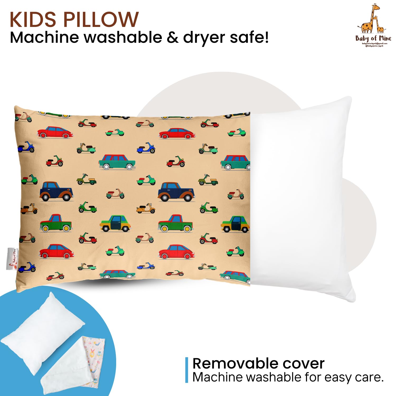 Premium Baby Pillow For Kids, Super Soft Cotton Kids Cushion - 12 X 18 Inches | For 5 Years Old Kids, Cartoon Prints - Vintage Cars | Bed Pillow, Washable, Easy To Care - Pillow 03