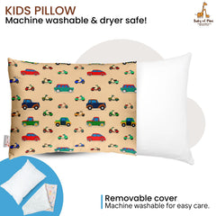 Premium Baby Pillow For Kids, Super Soft Cotton Kids Cushion - 12 X 18 Inches | For 5 Years Old Kids, Cartoon Prints - Vintage Cars | Bed Pillow, Washable, Easy To Care - Pillow 03