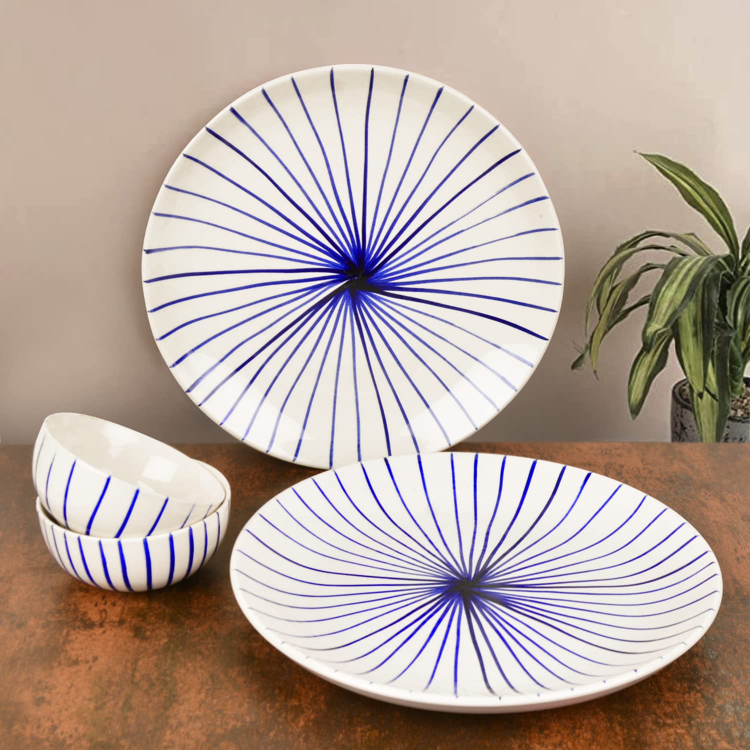 Ceramic Striped Dinner Serving 2 Plates With 2 Dinner Bowls Set Of 4 - White & Blue, Plate Diameter – 10 Inches | Plates & Bowls Set - Blue Kasa Line