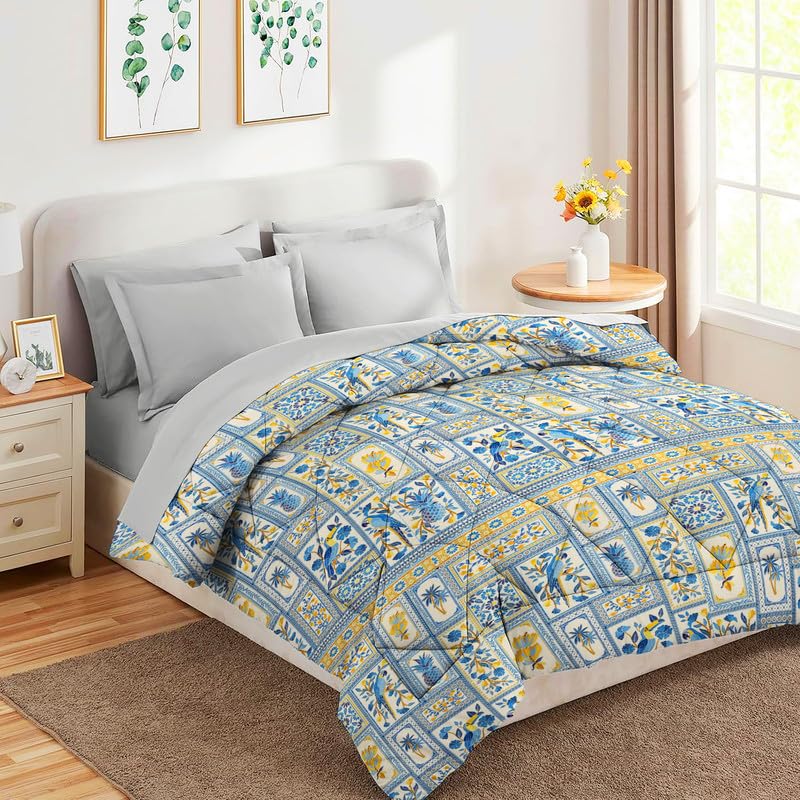 1 Double Bedsheet & 2 Pillow Covers With 1 Comforter Set - 90 X 100 Inches, White & Blue | Super Soft Glace Cotton King Size - 4 Pcs Bedding Set | Perfect Gifts Set Wedding, Anniversary
