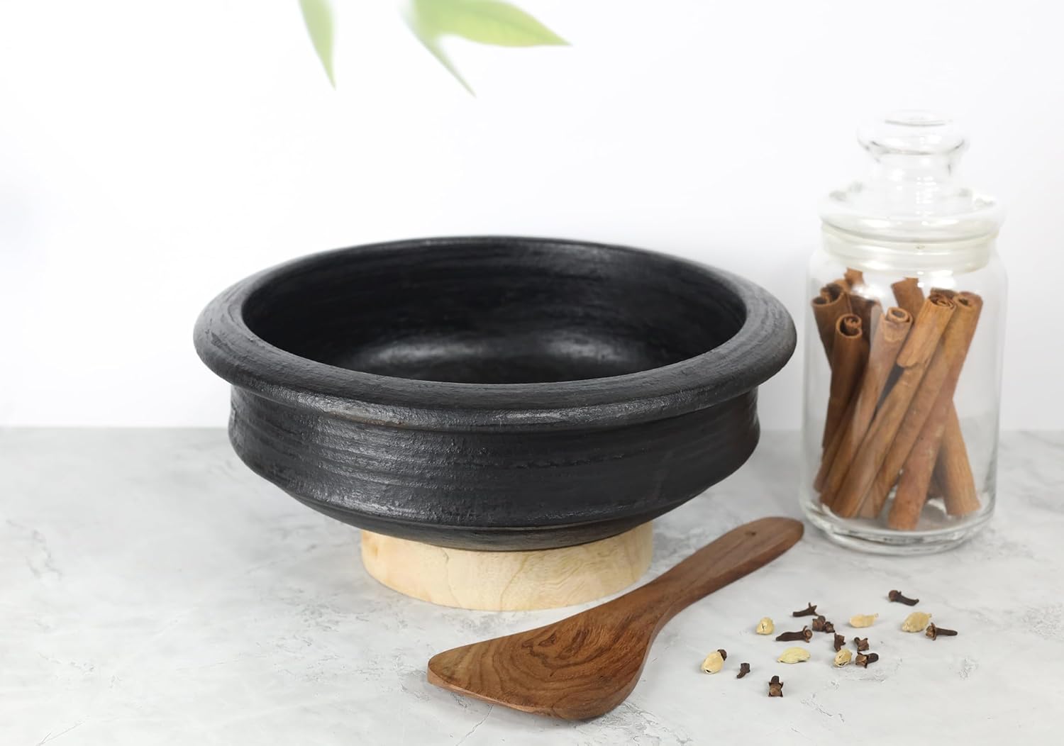 Deep Burned Uncoated Clay Handi + Pot Combo For Cooking & Serving With 2 Wooden Spatulas Complimentary Pack Of 2 - Black, 3+3 Liters | Pre-Seasoned Mud Pot - Unglazed, Double Fired, Hand Crafted