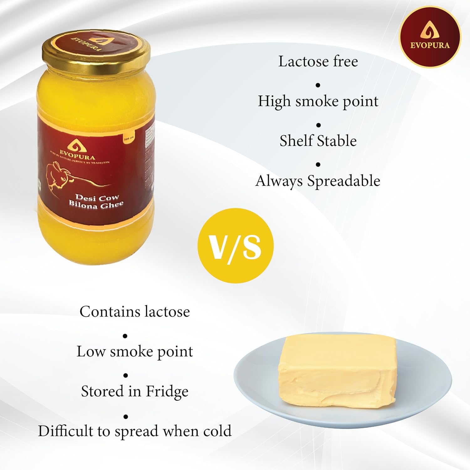 100% Natural Desi Cow Ghee By Evopura | Indian Traditional Bilona A2 Desi Cow Ghee Perfect For Frying & Baking | (100ml) 3.3 Ounce | Jar Pack