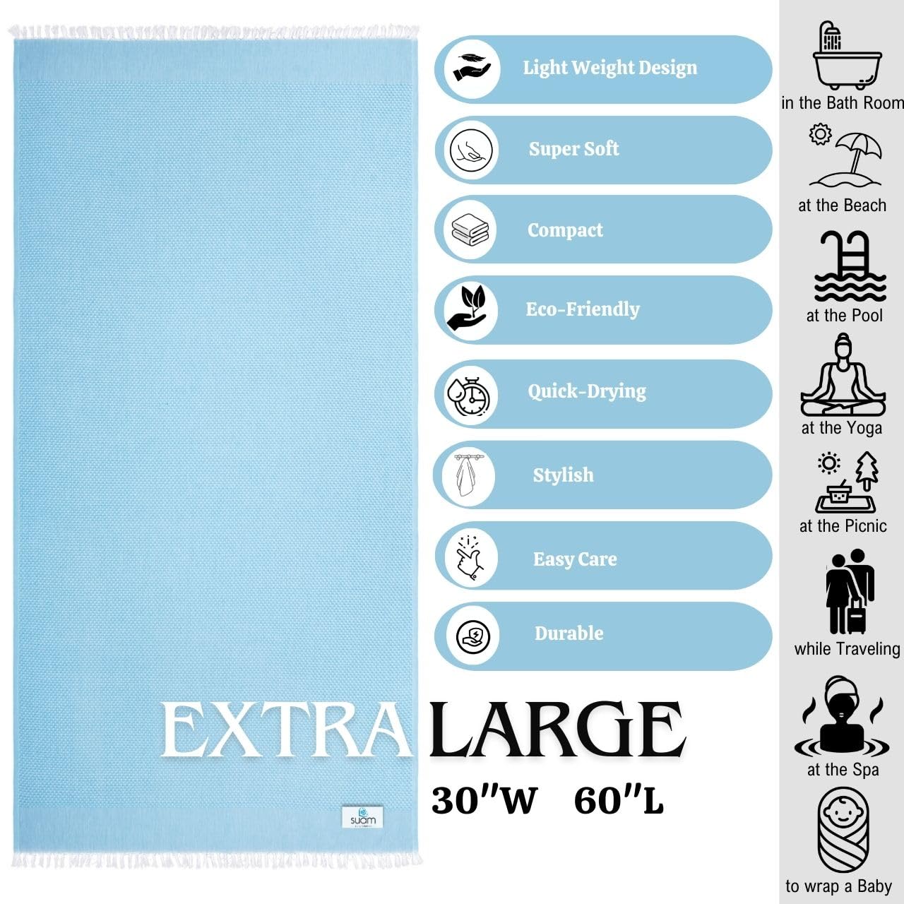 Suam Mellow Turkish Cotton Towel 300 Gsm | Best Absorbent Towel Pre-Shrunk, Lightweight, Quick Dry Bath Towel (Pacific Blue)