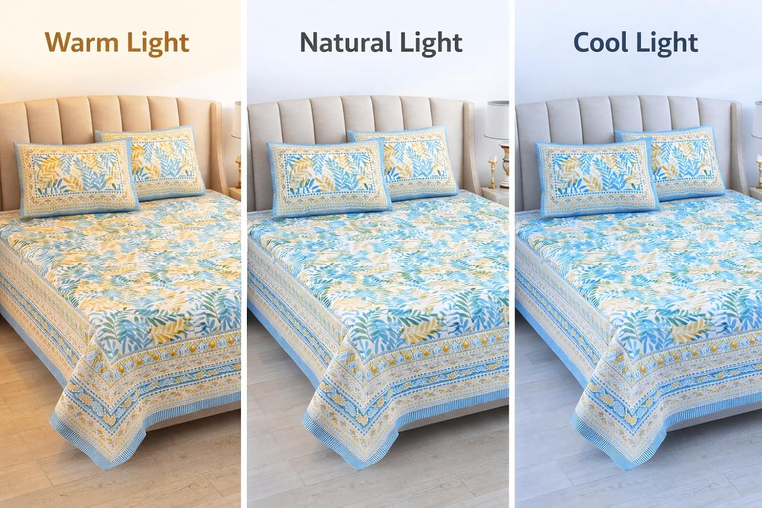 Jaipuri Cotton Bedsheet For King Size With 2 Pillow Covers | 90 X 108 Inches, Sky Blue & Yellow | Ultra-Soft & Skin-Safe | Breathable Summer Comfort