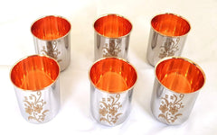 Copper Stainless Steel Glass Set Of 6 Pieces - 325ml Each | Printed Floral Design - Tableware Set