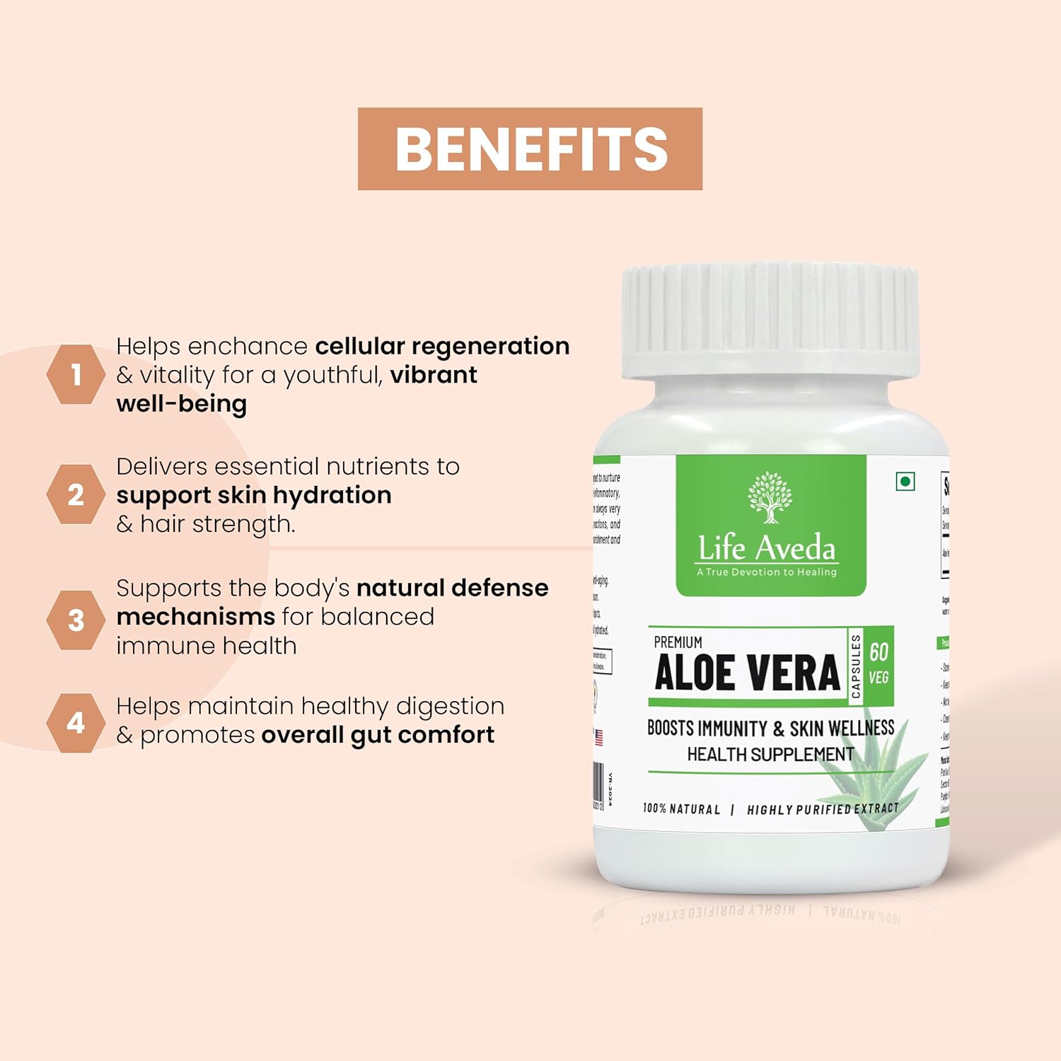 Life Aveda Premium Aloe Vera Capsules For Immunity Boosts, Skin Rejuvenates, Strengthens Hair & Improves Digestion | 60 Capsules, 100gm 0.2lbs