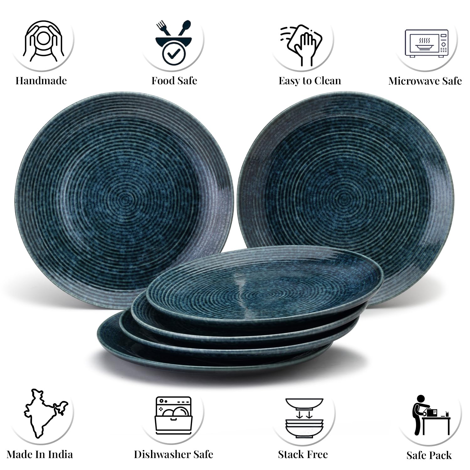 Ceramic Hand Glazed Stoneware Large Dinner Plates Set Of 6 - 10.6 Inch, Peacock Green | Microwave Safe & Dishwasher Safe - Handcrafted Dinner Plates