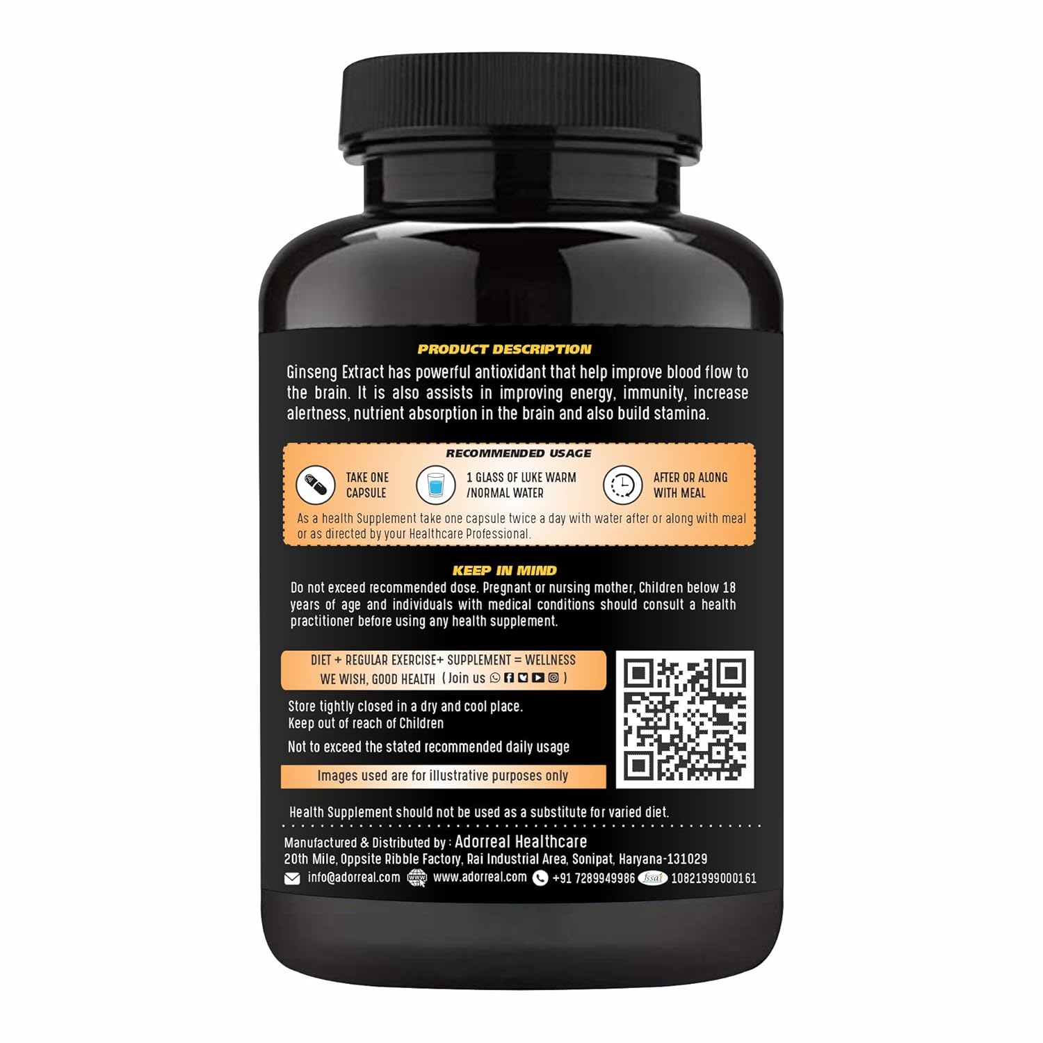 Adorreal Panex Ginseng High Potency Formula, Supports Brain & Memory, Boosts Immunity & Energy | 120 Capsules 150gm 0.3lbs