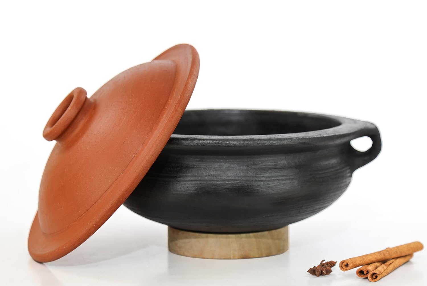 Deep Burned Uncoated Clay Pot With Lid & Handle Or Mitti Handi With 2 Spatulas Complimentary For Cooking & Serving - Black, 1 Liter | Pre-Seasoned Mud Pot - Unglazed, Double Fired, Hand Crafted