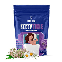 Blue Tea Caffeine Free Sleep Time Herbal Tea - 30 Pyramid Tea Bags In Zip Lock Pack | Made With Chamomile Lavender Valerian Peppermint - Gluten Free, Non-GMO, 100% Vegan & Natural