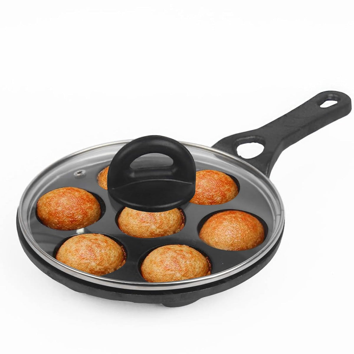 Super Smooth Black Cast Iron Paniyaram Pan With Long Handle & Glass Lid - 7 Pit, 21cm, 8.3 Inch, 1.9 Kg | Gas Compatible, Pre-Seasoned, 100% Toxin-Free, Naturally Nonstick