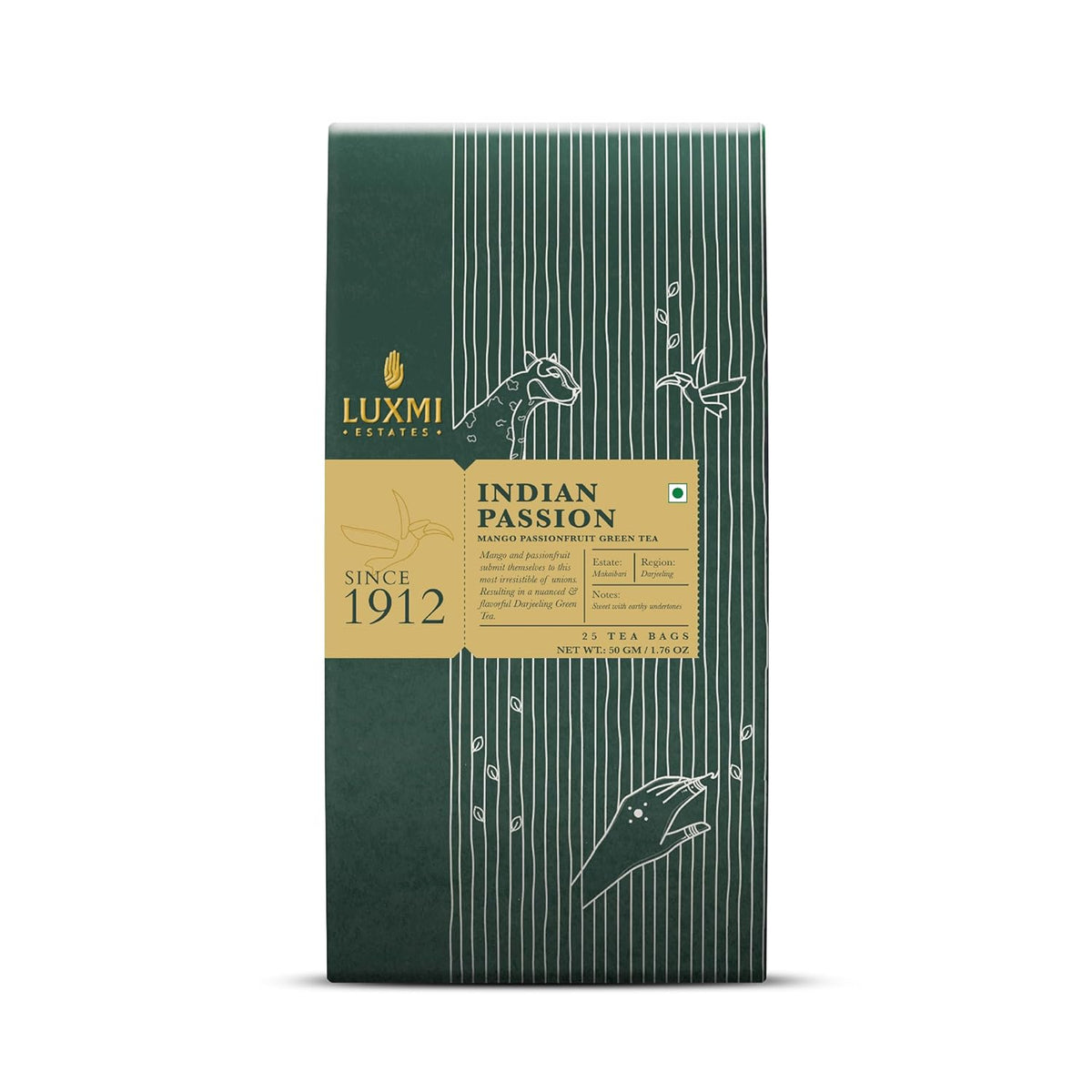 Luxmi Estates Indian Passion Green Tea - 50gm, 1.7 Ounce, 25 Tea Bags | USDA Certified Organic Darjeeling Green Tea - Mango Passion Fruit Green Tea | Made With Lemongrass, Ginger, Lemon Peel