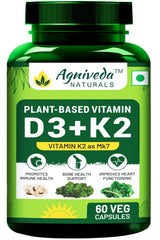 Agniveda Naturals Plant Based Vitamin D3 600 Iu + K2 As Mk7 Supplement | Supports Stronger Immunity & Bone & Heart, For Men And Women | 60 Veg Capsules , 100gm 0.2lbs