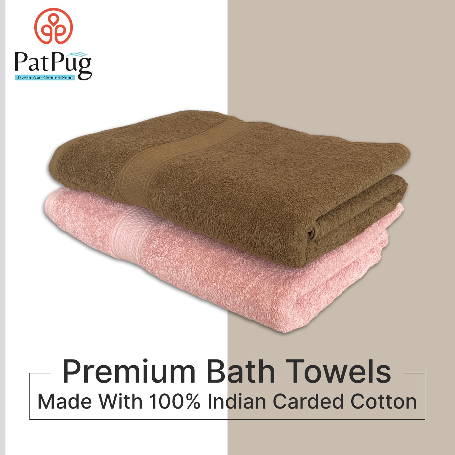 Patpug 100% Indian Ultra Soft Cotton 500 Gsm Highly Absorbent, Fade Resistant, Quick Drying Large Bath Towel (Sepia Brown & Baby Pink)