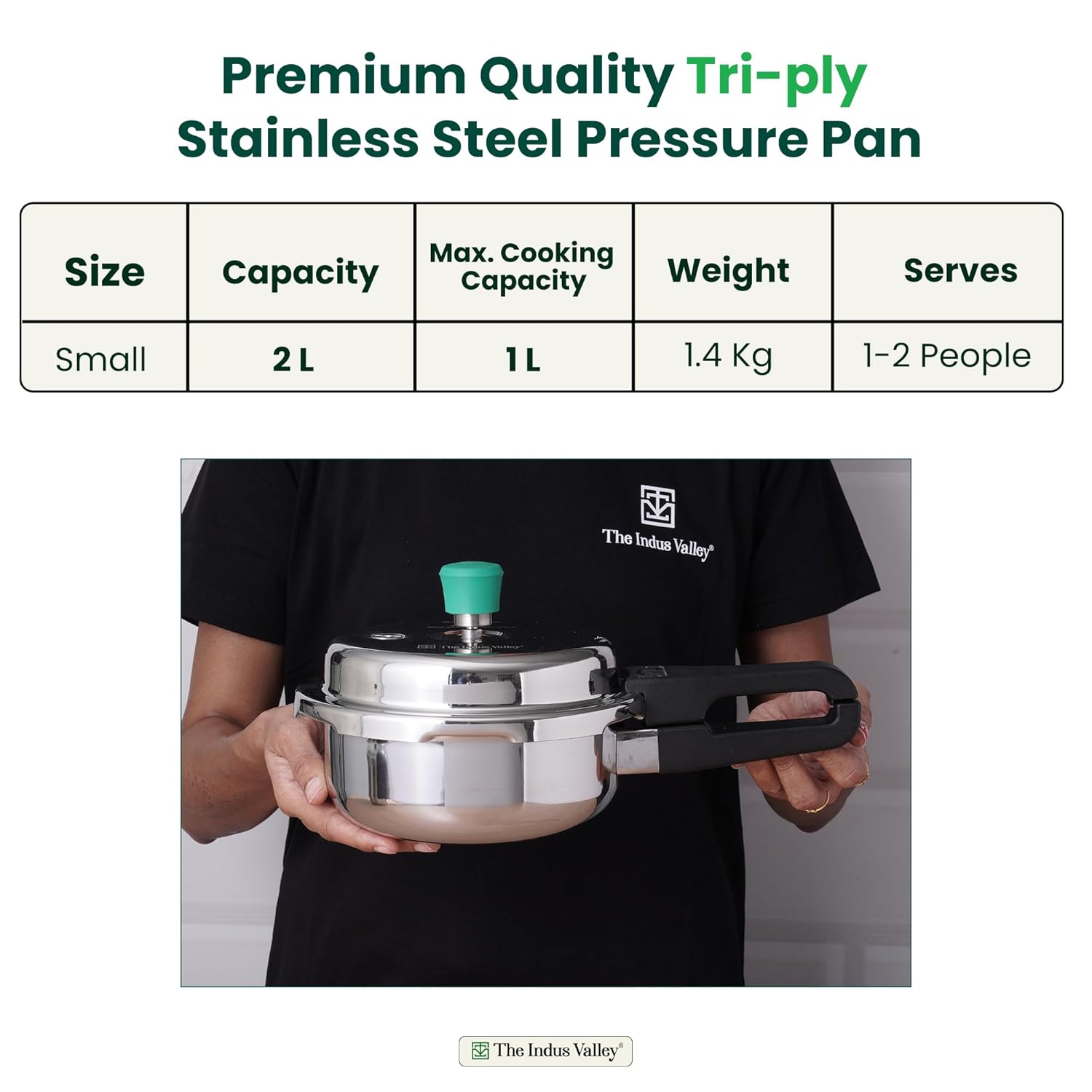 Tri-Ply Stainless Steel Outer Lid Pressure Pan For 1-2 People - Very Small, 2 Liters, 1.4 Kg | Induction Friendly, ISI-Certified, Nonstick 3-Layer Body, 100% Pure & Toxin-Free, 5 Years Warranty