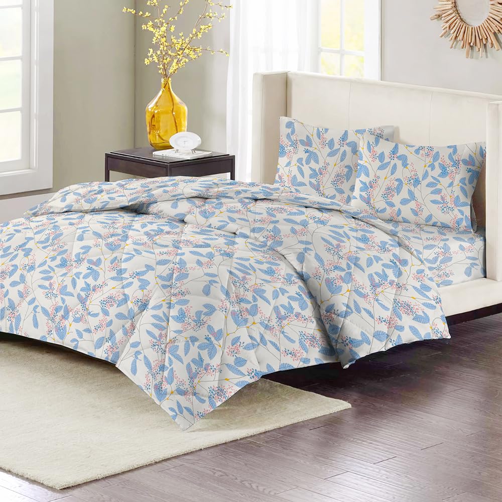Double Bedsheet 1 Comforter 2 Pillow Covers - 90 X 100 Inches, Beige & Light Blue, 4 Pcs Bedding Set | Cotton Summer Ac Comforter Set King Size Double Bed
