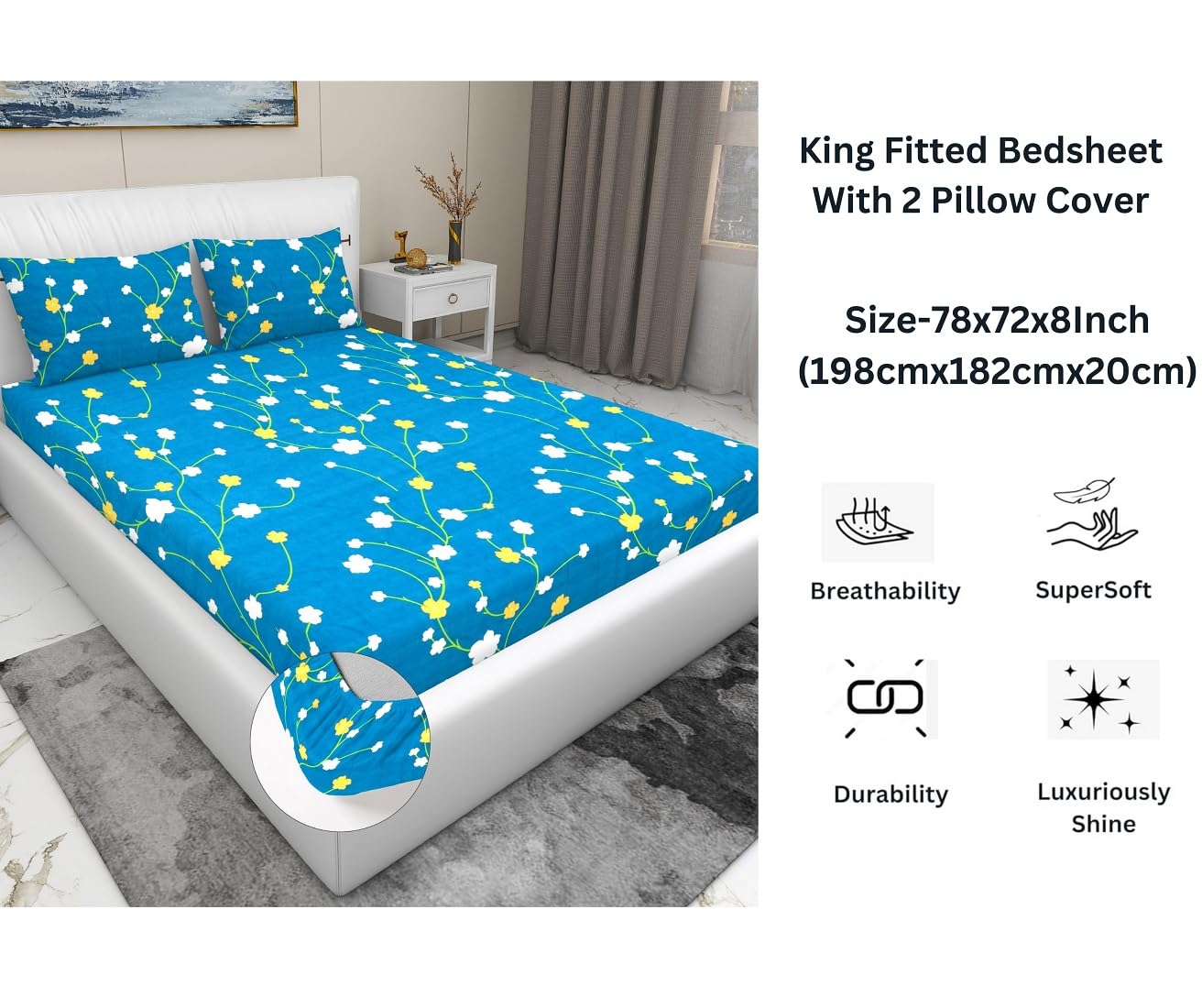 Luxurious Double Bed Sheet With 2 Pillow Covers - 72 X 78 X 8 Inches, Blue & White | Fade Resistant & Durable Breathable & Wrinkle Free Bed Sheet