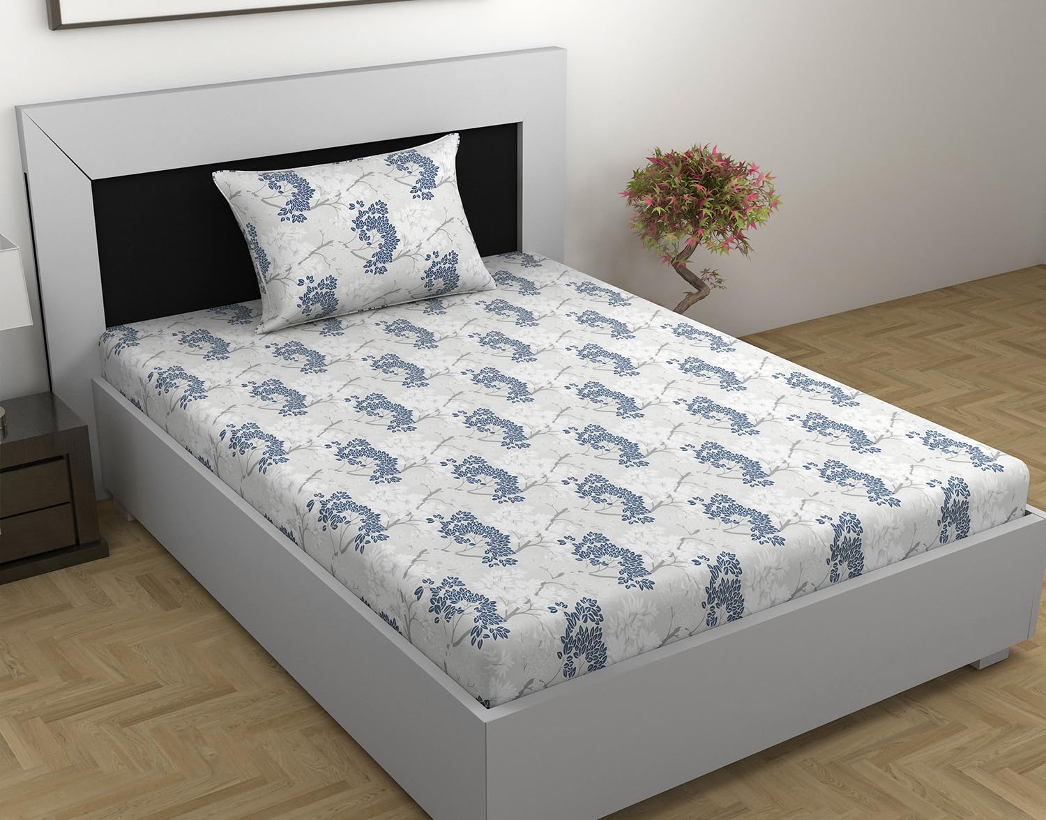 1 Single Bedsheet With 1 Pillow Cover - 57 X 87 Inches, Grey & Blue | Skin Friendly Fabric For Everyday Use - Soft, Breathable & Comfortable Sleeping