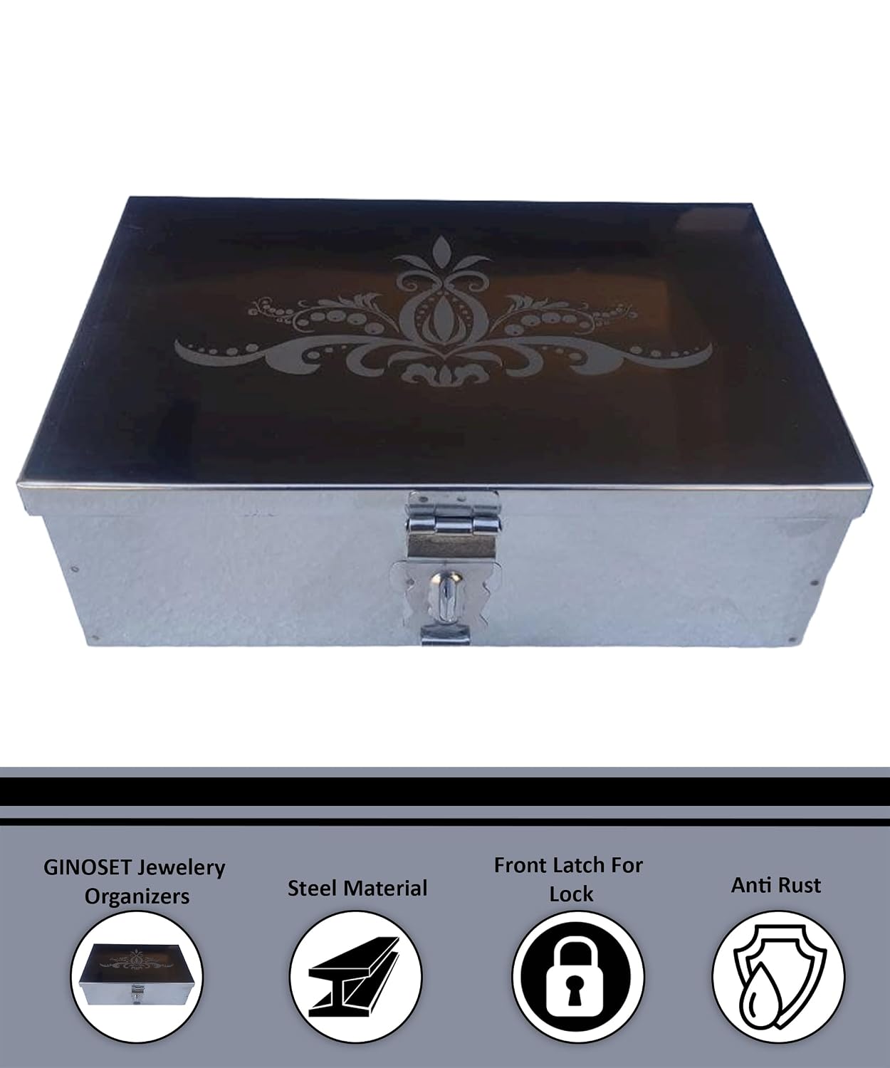 Stainless Steel Storage Boxes, Cash Peti, Pooja Peti, Organizer, Vanity Box, Safe Locker Box 8 Inch Storage Box W - 8", H - 2.50", L-5" Cash Box With Laser Print Design, Colour - Silver