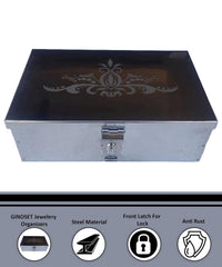 Stainless Steel Storage Boxes, Cash Peti, Pooja Peti, Organizer, Vanity Box, Safe Locker Box 8 Inch Storage Box W - 8", H - 2.50", L-5" Cash Box With Laser Print Design, Colour - Silver