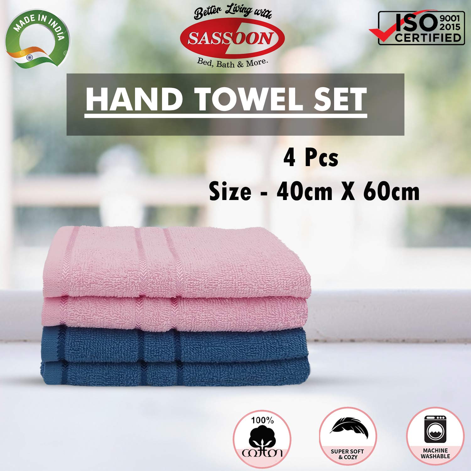 Sassoon Melrose 100% Cotton Hand Towel 800 Gsm | Highly Absorbent, Soft Material Perfect For Daily Use (Blue & Pink) -4 Piece