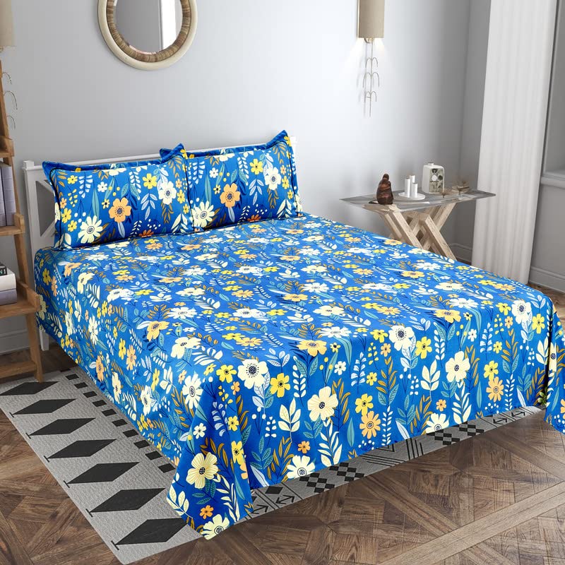 Pure Cotton Super King Size Bedsheets With 2 Large Pillow Covers | 108 X 108 Inches, Blue - Kingston Collections 100% Cotton Luxury Soft Sheets