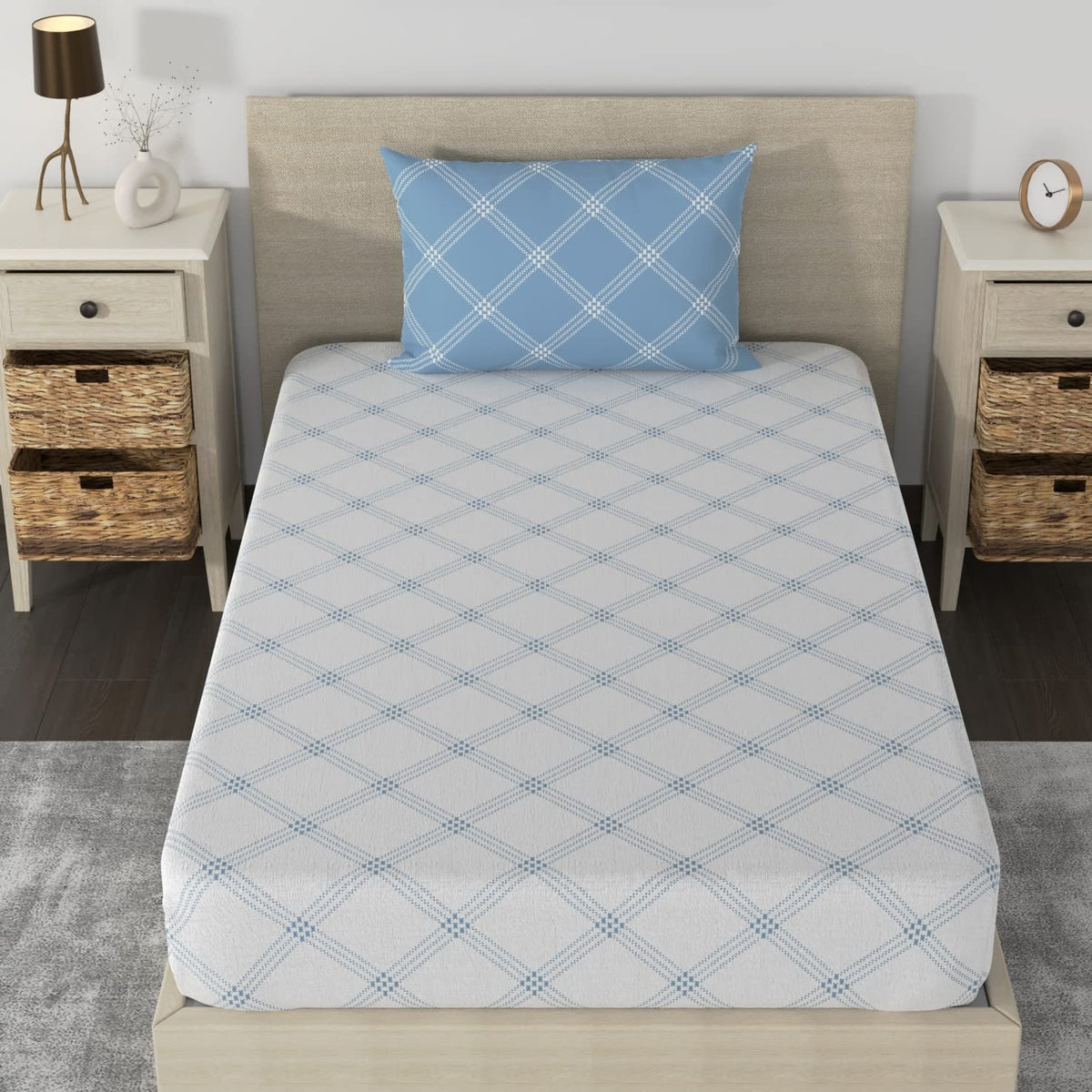 Fitted 1 Single Size Bedsheet With 1 Pillow Cover - Size 36 X 78 Inches, White & Blue | Luxury Soft Sheet, Lightweight & Breathable Bedsheet