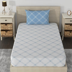 Fitted 1 Single Size Bedsheet With 1 Pillow Cover - Size 36 X 78 Inches, White & Blue | Luxury Soft Sheet, Lightweight & Breathable Bedsheet