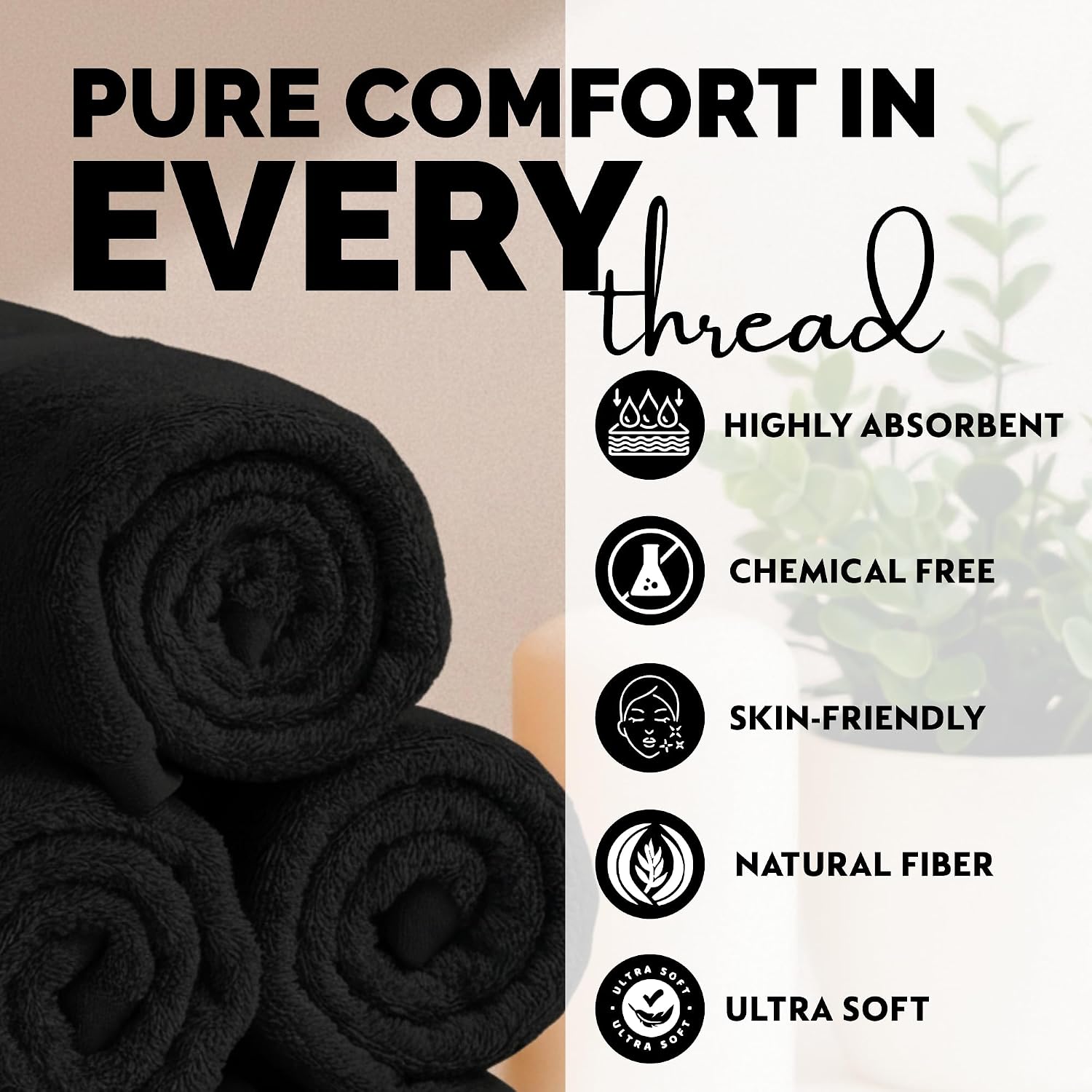 Rushant 100% Combed Cotton Hand Towels 600 Gsm | Ultra Soft, Quick Dry & Super Absorbent For Home, Gym & Travel (Black) - Set Of 4