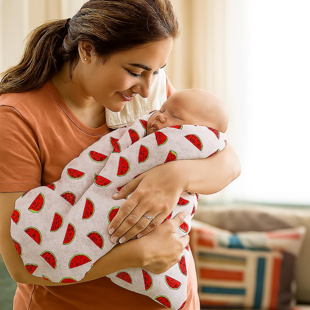 Organic Cotton Muslin Baby Bath Towel 200 Gsm | Cotton Cloth Premium Baby Washable Reusable, Absorbent, Extra Soft (Leaf Dot & Watermelon)- Pack Of 2
