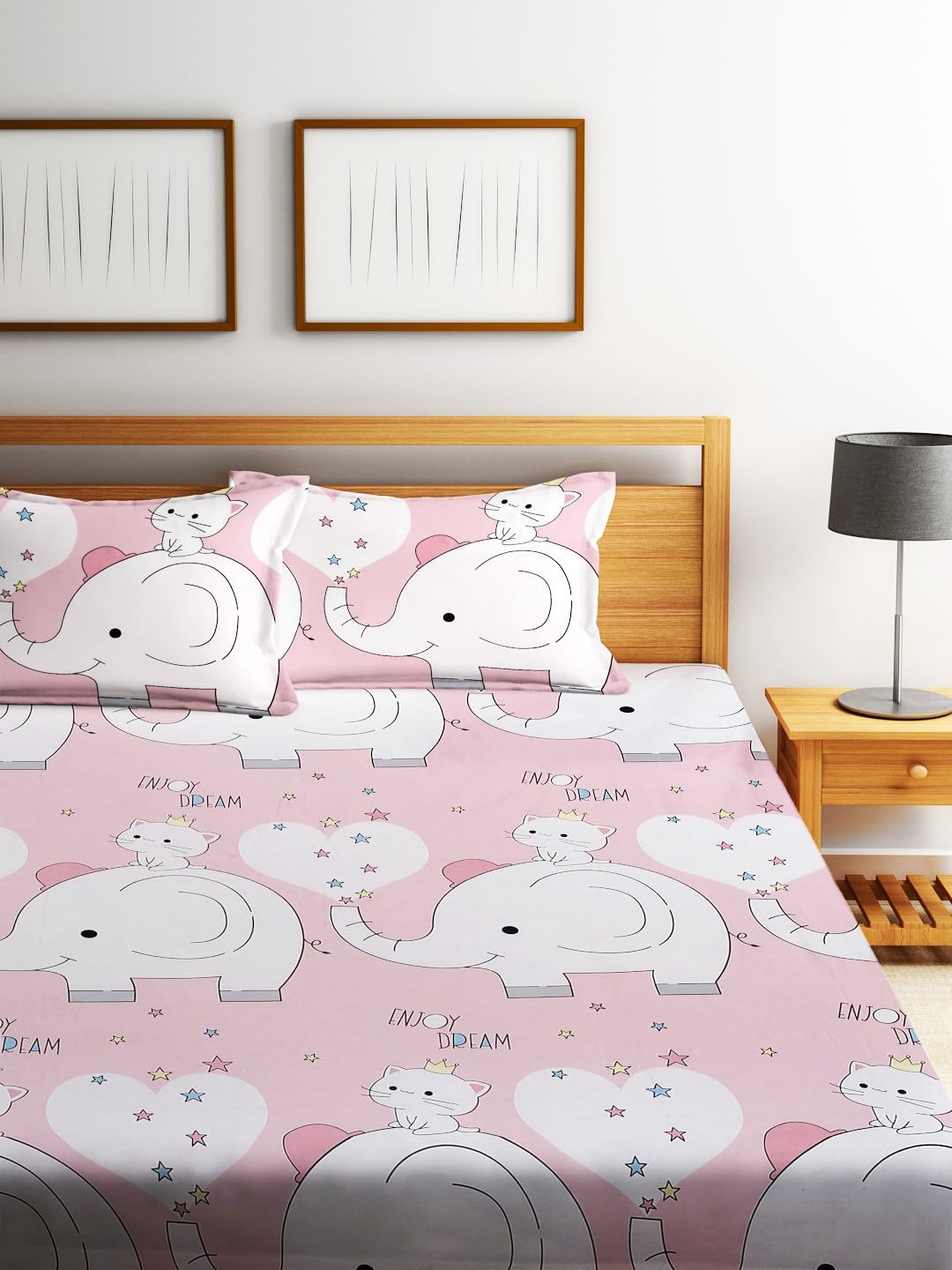 Elastic Fitted Kids Elephant & Kitty Double Bedsheet 2 King Size Pillow Covers, Baby Pink (90x92 Inches) | Lightweight, Soft & Breathable - Perfect For Gifting Bedsheet