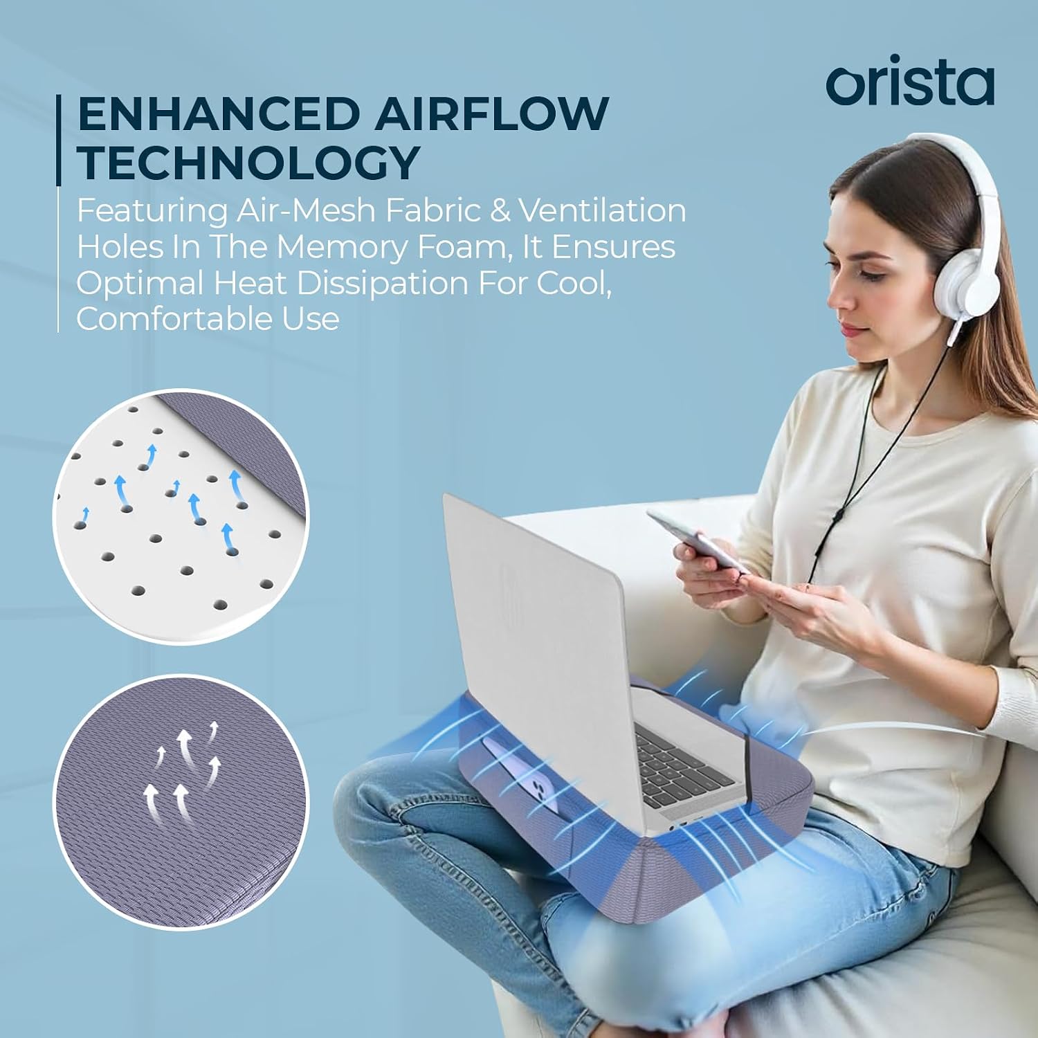 Lite Lap Desk Pillow, Soft & Comfortable, Ideal For Laptop Reading & Gaming, Grayish Blue Mesh | Built-In Storage Pocket & Handle | Perfect For Bed, Sofa & Floor | Multipurpose Workspace
