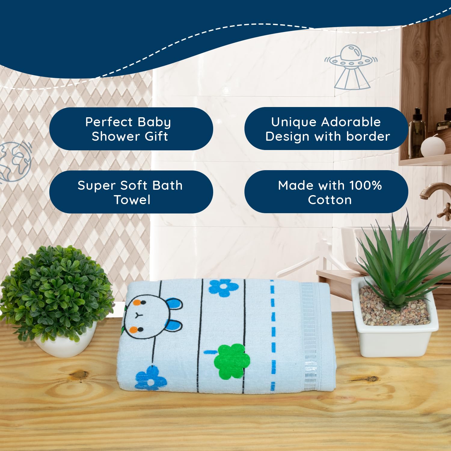 Rangoli 100% Cotton Baby Bath Towel 300 Gsm | Super Soft & Highly Absorbent, Anti-Bacterial, Multipurpose Towels (Light Blue) - Pack Of 1