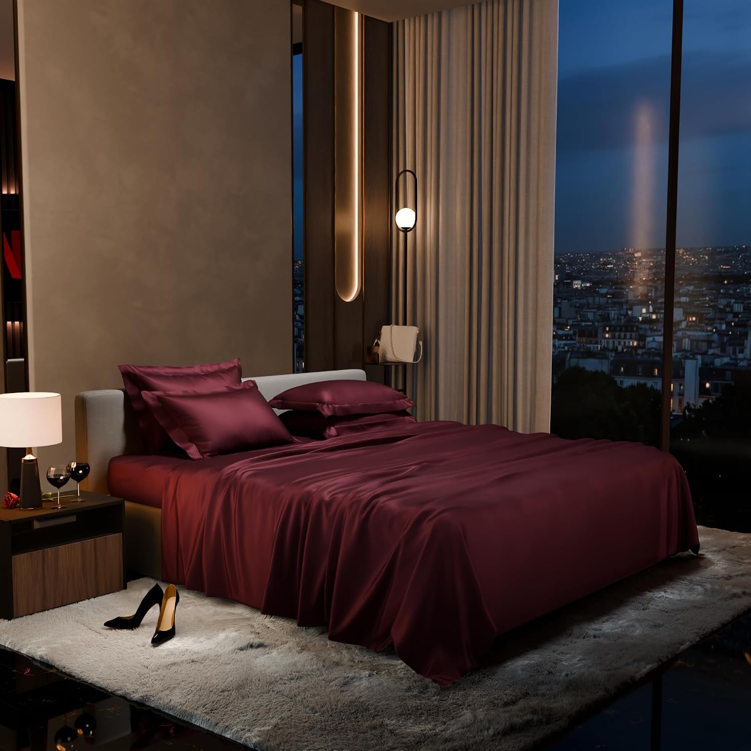 1 Flat Bedsheet King Size With 4 Pillow Cover - 108 X 108 Inches, Velvet Wine | Wedding, Bedroom, Date Night Collection | 300 Thread Count