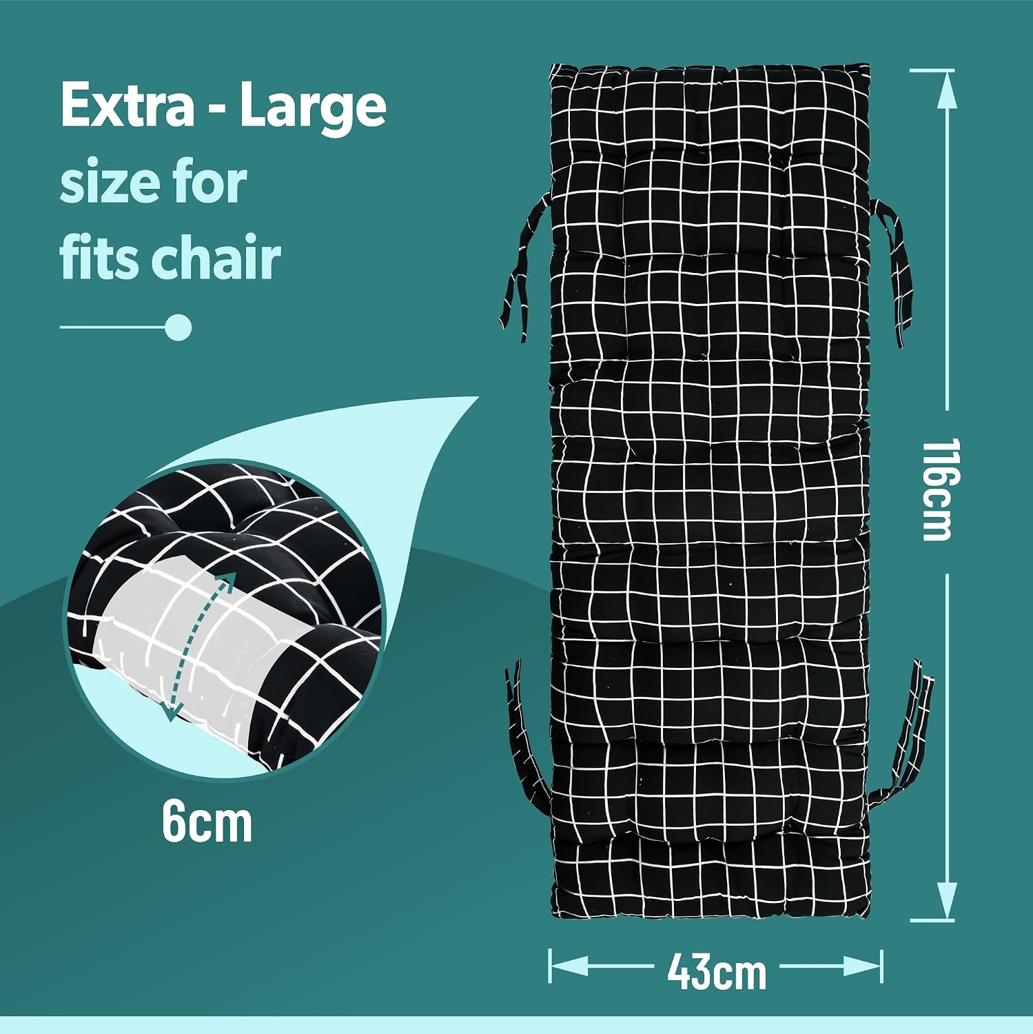 Extra Long Chair Cushion For Comfortable Sitting, Check Printed - Black - 18 X 48 Inch | Rocking Chairs For Indoor & Outdoor | Cushion For Home, Office | Back Rest Support Cushion With Ties