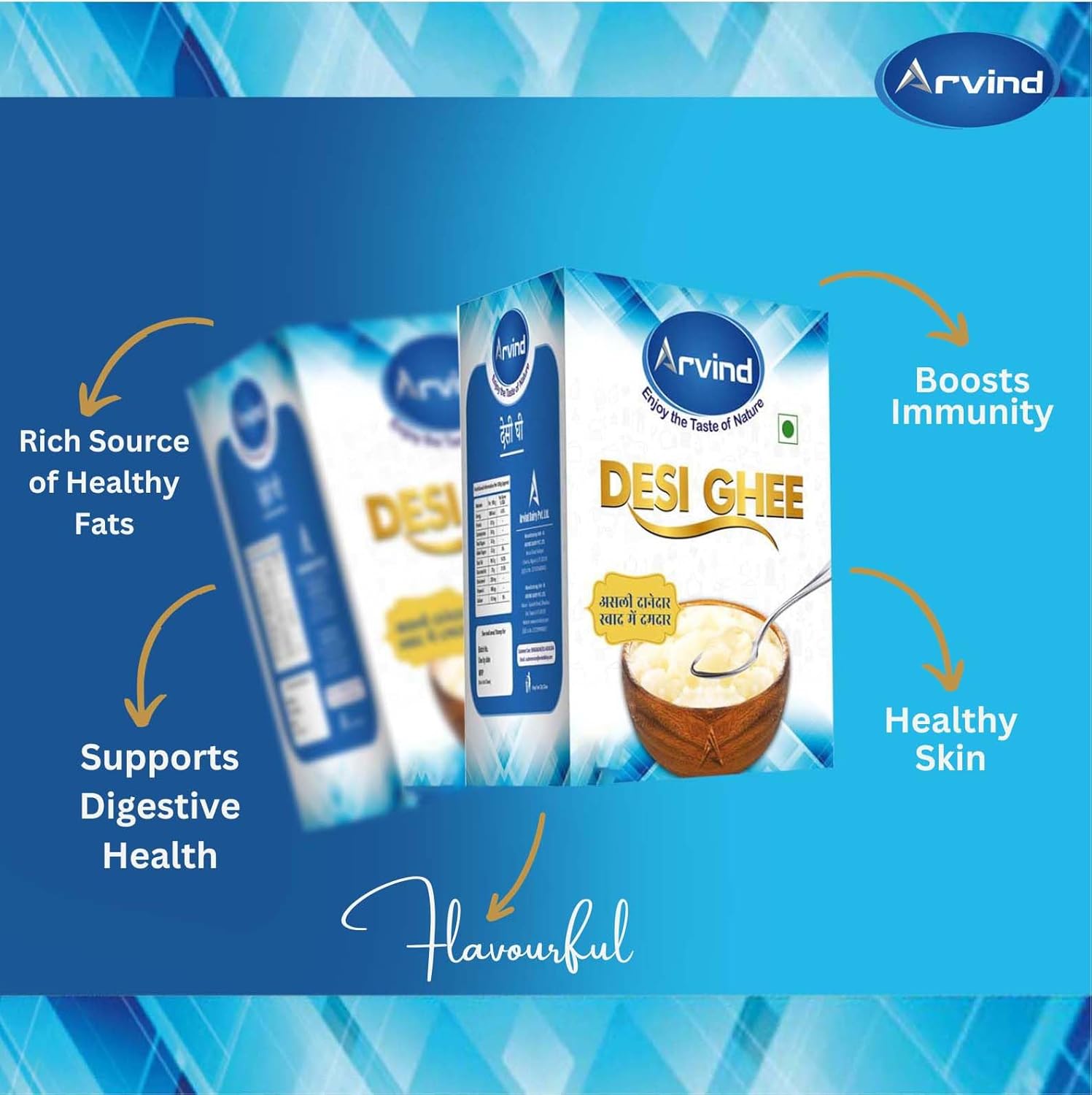 Natural Premium Desi Ghee By Arvind | Rich Aroma For Better Digestion & Immunity Pure Desi Ghee Good For Sweets | (1 Litr) 33.8 Ounce | Box Pack