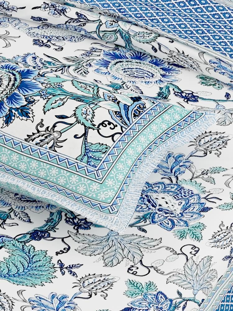 Traditional Rajasthani Design Bedsheet With 2 Pillow Covers - 90 X 108 Inches, Sky Blue | Color Fade Resistant & Shrinkage Resistant For All-Season Use