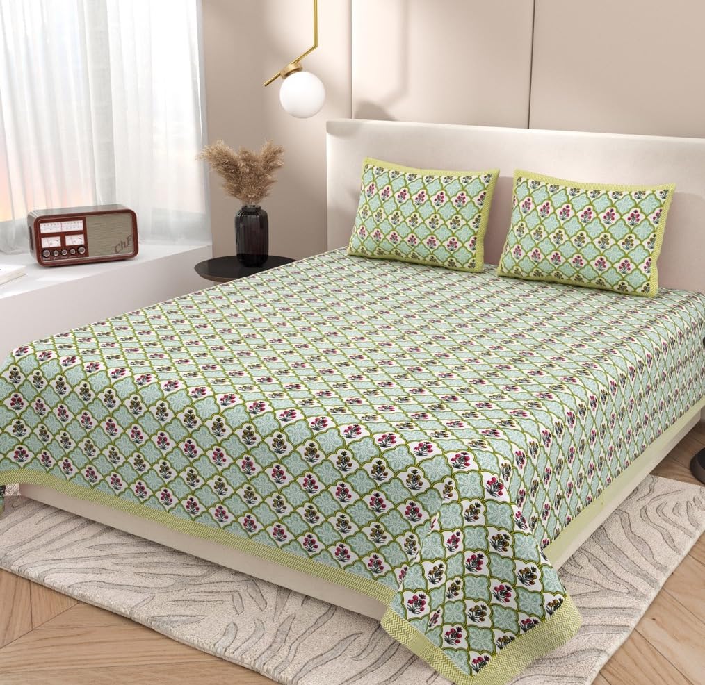 Pure Cotton Double Bedsheet For King Size With 2 Pillow Covers | 90 X 108 Inches, Green & Pink | Ultra-Soft & Skin-Safe | Breathable Summer Comfort